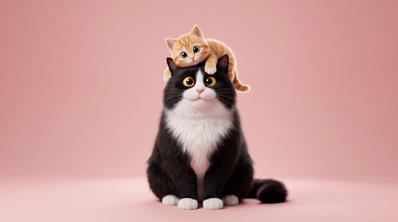 A big tuxedo cat with a ginger kitten lying on his head, against a pink wall